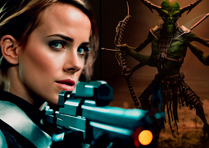 Sci-Fi heroine with a gun on Mars with an alien behind her cover